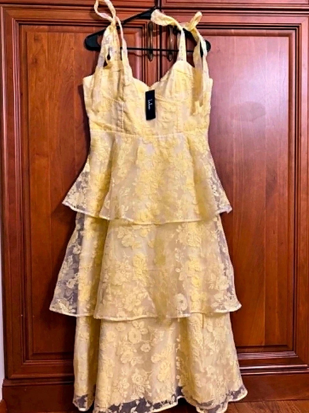 Lulus Svea Light Yellow Floral Tiered Tie-Strap Dress XL NWT
